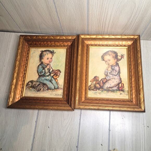 Vtg Ornate Gold Framed Boy & Girl Praying Prints Framed Art Nursery Room Decor - Picture 1 of 10
